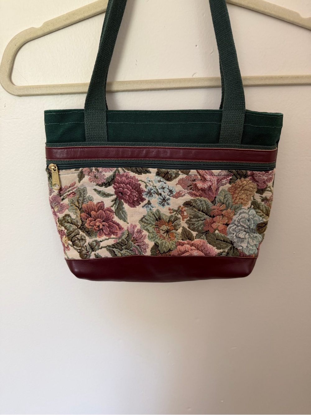 Floral Tapestry Tote with Green Straps and Burgundy Trim